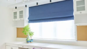 BTS Blinds blue window blinds rolled halfway