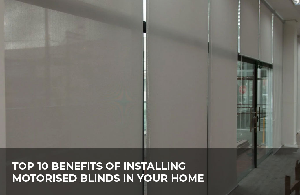 Motorised blinds covering large windows in a modern home